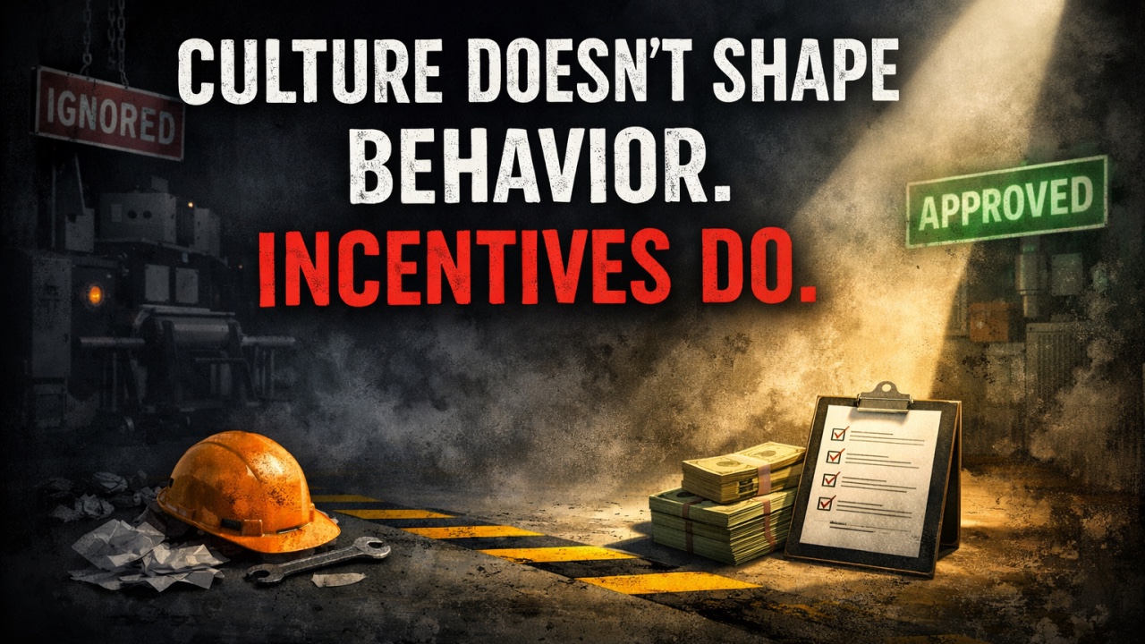 Title graphic reading "Culture doesn't shape behavior. Incentives do." over a dim industrial floor: an "IGNORED" sign hanging in shadow on the left, an "APPROVED" sign lit under a spotlight on the right, a battered hard hat and wrench, and banded stacks of cash beside a checklist clipboard.