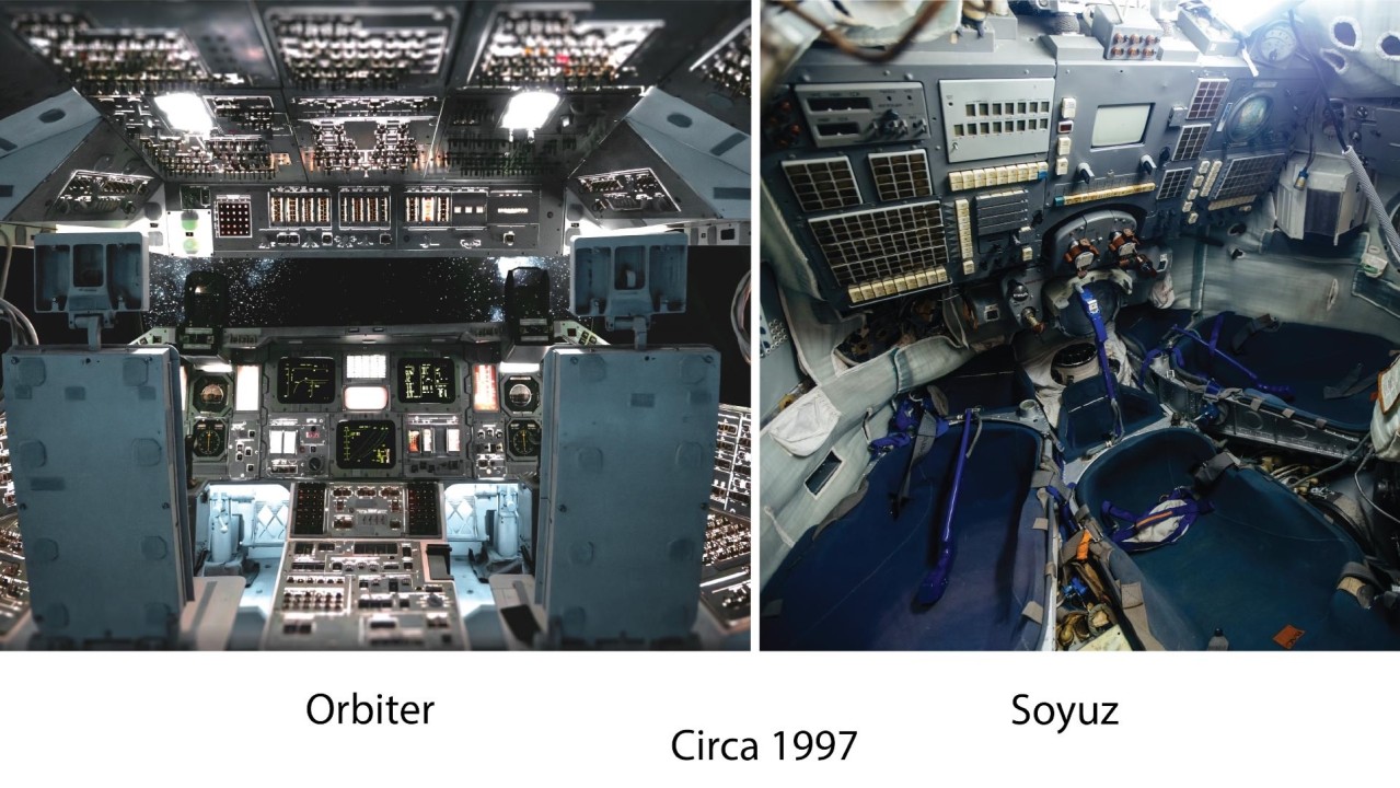 Side-by-side cockpit photographs circa 1997: on the left, the Space Shuttle Orbiter's flight deck crowded with thousands of switches and displays; on the right, the sparse, minimalist Soyuz cockpit. Captioned "Orbiter" and "Soyuz."