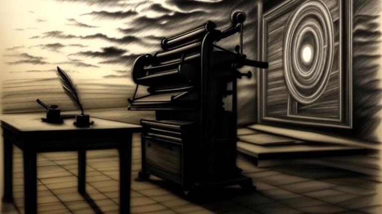 A charcoal-toned illustration of an antique printing press beside a writing desk with a quill and inkwell, set against a glowing target on the wall — evoking how each new tool in history reset the bar for craft.